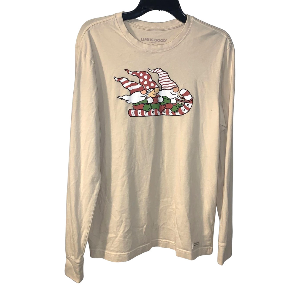 Life is Good Men's Christmas Elves Candy Cane Sled Tee Shirt Size S Long Sleeves